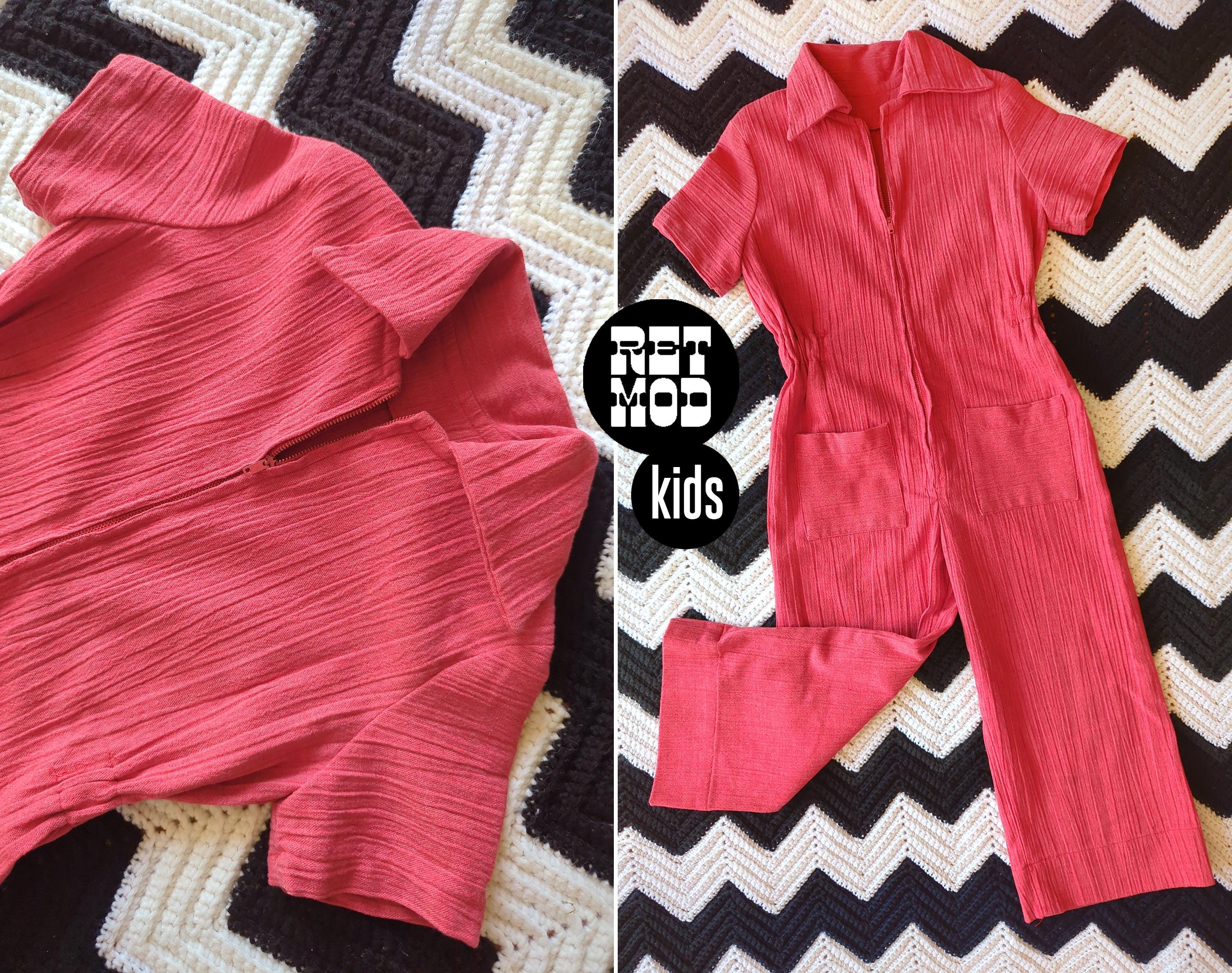 Kids' Size - Iconic Vintage 70s Red Textured Cotton Southwestern Style Jumpsuit
