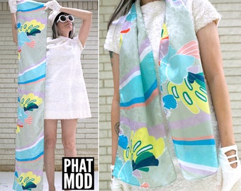 Pretty Vintage 70s 80s 90s Pastel Abstract Geometric Shapes Long Shiny Scarf