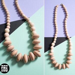 Fashionable Vintage 80s Natural Pastel Wood Beaded Chunky Statement Necklace image 3