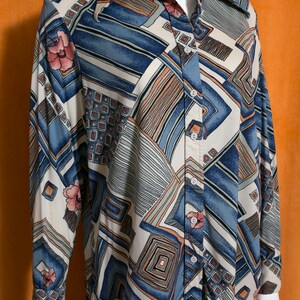 Unique Vintage 70s Blue Brown Abstract Patterned Long Sleeve Collared Shirt image 5