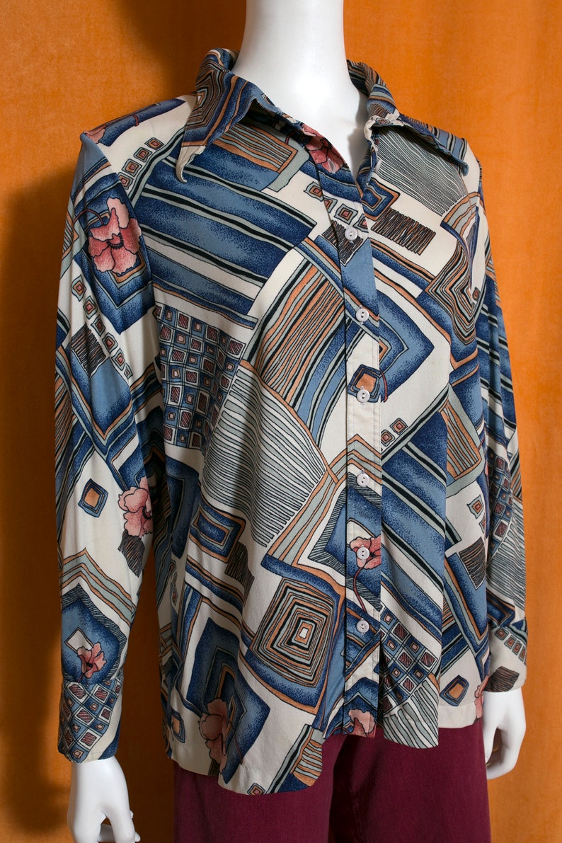 Unique Vintage 70s Blue Brown Abstract Patterned Long Sleeve Collared Shirt image 5