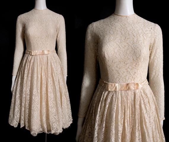 Pretty Vintage 50s 60s Off-White Lace Fit & Flare… - image 2