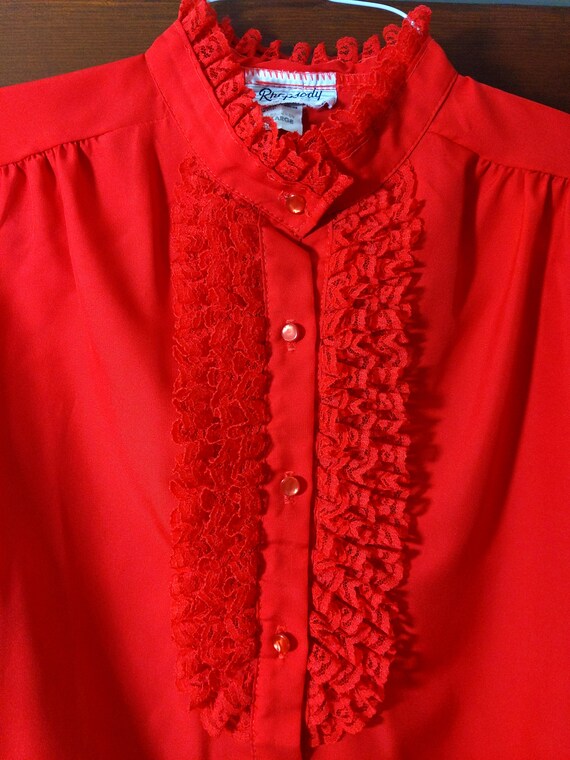 Vampy Vintage 70s 80s Red Ruffle Lace Long Sleeve… - image 4