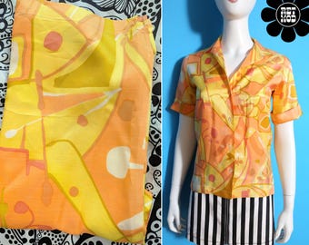 Lovely Vintage Mod 60s Yellow & Peach Orange Geometric Short Sleeve Button Up Blouse