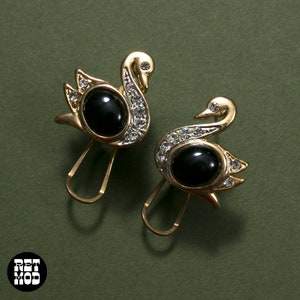 Adorable Vintage 80s 90s Gold & Black Rhinestone Swan Bird Earrings image 9