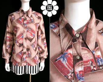 Cool Arched Window to Ocean Scenery Novelty Print 70s Long Sleeve Collared Shirt