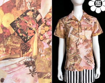 Vintage 70s Pink Brown Boats & Flowers Novelty Print Short Sleeve Collared Shirt