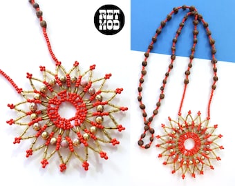Statement Vintage 70s Orange Seed Bead & Brown Seed Pendant Necklace