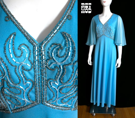 FABULOUS Vintage 70s Blue Maxi Dress with Sheer A… - image 1