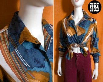 Unique Vintage 70s Blue Brown Abstract Patterned Long Sleeve Collared Shirt