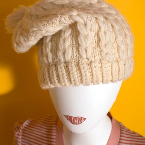 Cute Vintage 50s 60s Cream Cable Knit Wool Winter Hat with Pompom image 8