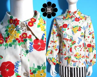 Flower Power Vintage 60s 70s White with Colorful Floral Long Sleeve Button Up Blouse