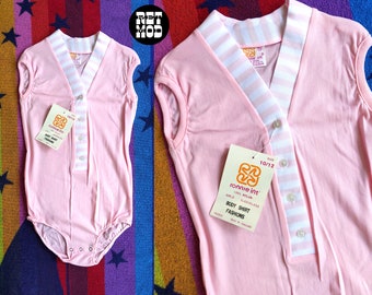DEADSTOCK Vintage 70s Pastel Pink & White Stripe Bodysuit by Ronnie 10/12