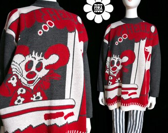 Suéter de moletom vintage insano dos anos 80 com estampa de rato em um telefone em vermelho e cinza.