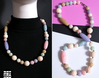 Unique Vintage Multicolor Pastel Funky Beaded Chunky Statement Necklace