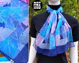 Lovely Vintage 60s 70s Sheer Blue Purple Leaves Long Scarf