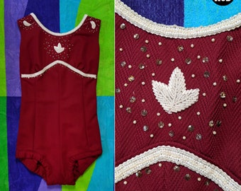 JUNIOR SIZE - Vintage Maroon & White Bedazzled Bodysuit Leotard Costume Outfit