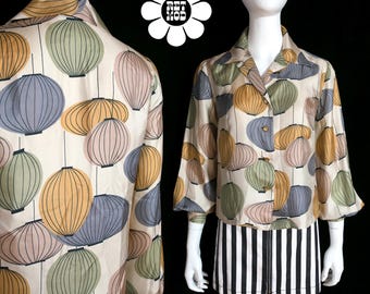 Iconic George Nelson Style Lantern Light Novelty Print Silk Long Sleeve Blouse by Justin McCarty
