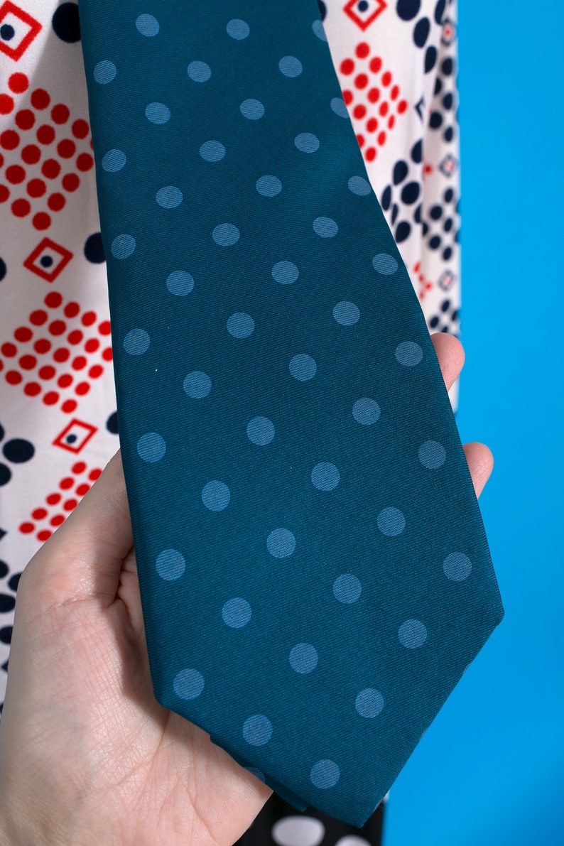 Givenchy Vintage 70s 80s Dark Blue/Teal Polka Dot Neck Tie image 8