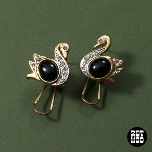 Adorable Vintage 80s 90s Gold & Black Rhinestone Swan Bird Earrings image 2