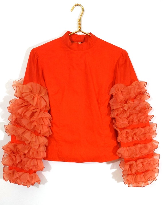 INSANE Vintage 60s 70s Bright Orange Cotton Shirt… - image 2