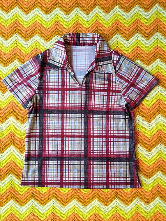 Vintage 60s 70s Brown Brick White Blue Plaid Shor… - image 3