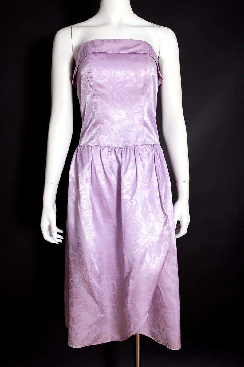 Lovely Vintage 90s Light Purple Shiny Floral Strapless Party Dress image 5