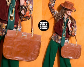 Chic Vintage 70s 80s Brown Leather Handbag with Metal Hardware