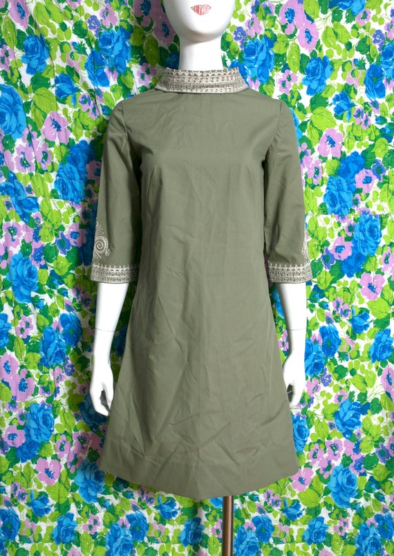 Just Beautiful Vintage 60s Olive Green Cotton Shi… - image 9