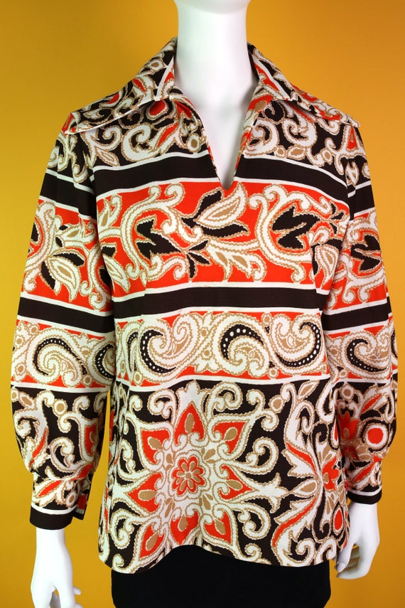 Cool Vintage 70s Brown & Orange Psychedelic Paisl… - image 2