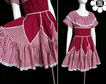 So Pretty Vintage 60s 70s Maroon White Gingham Plaid Fit & Flare Petal Dress