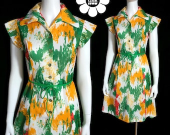 Fabulous Vintage 70s Green Gold & Orange Abstract Patterned Fit and Flare Statement Dress with Big Collar