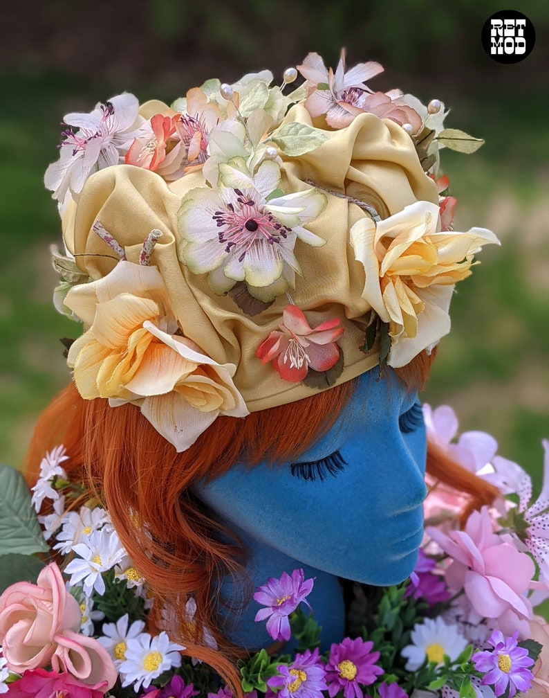 Fabulous Vintage 50s 60s Light Yellow Orange Green Flower Bucket Hat image 2