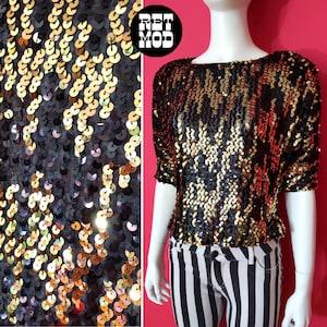 Vintage 80s Black Gold Sparkly Sequin Party Top