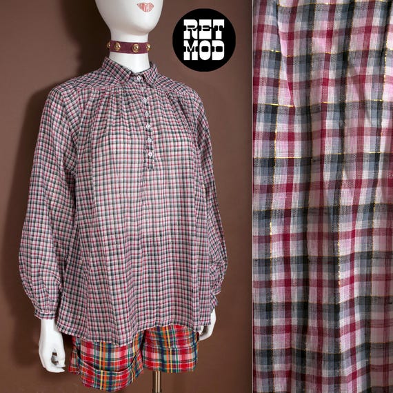 Billowy Boho Vintage 70s 80s Maroon & Gray Plaid … - image 1