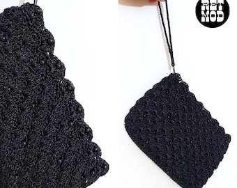 Nice Vintage 70s Black Raffia Beaded Wristlet Flat Purse