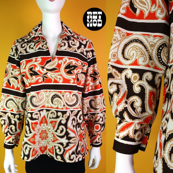 Cool Vintage 70s Brown & Orange Psychedelic Paisley Pattern Hippie Blouse Top Shirt