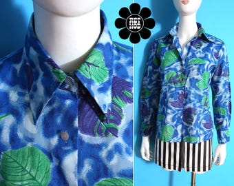 Unique Patterned Vintage 60s 70s Blue & Green Abstract Leaves Patterned Long Sleeve Dagger Collared Shirt