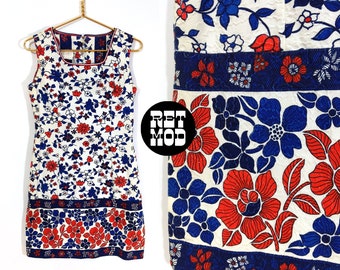 Cute Vintage 60s 70s White Red Navy Blue Floral Border Print Textured Cotton Dress