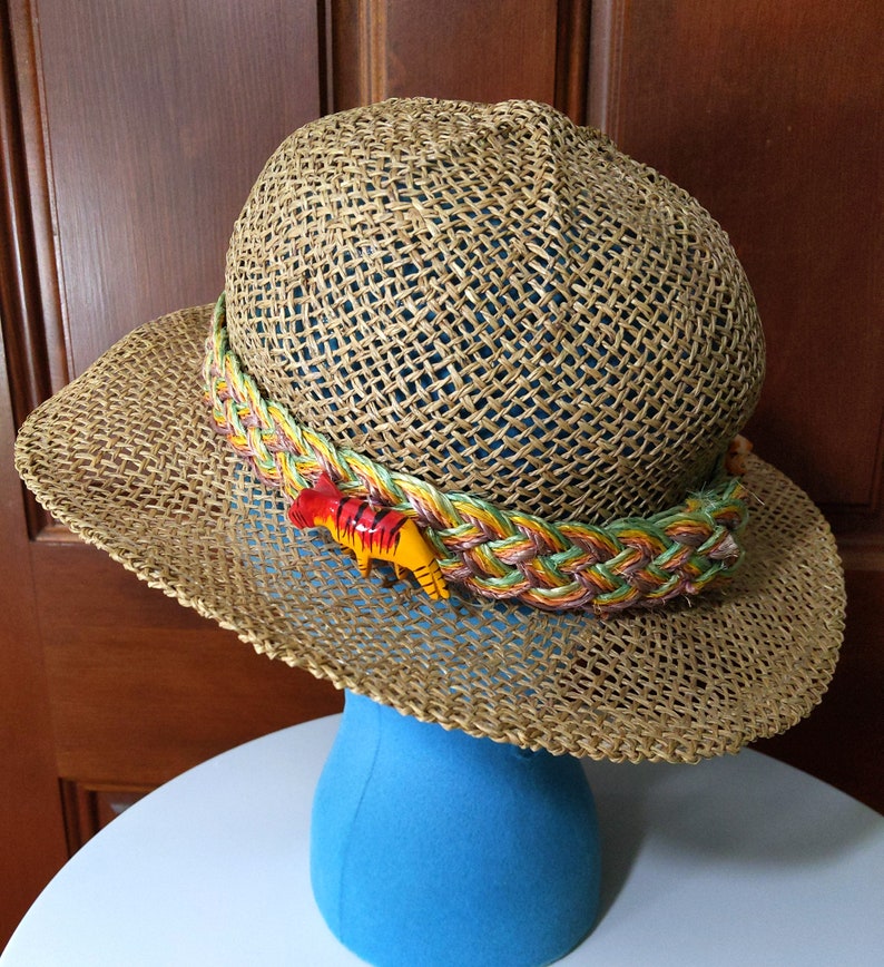 Vintage 80s Wood Animal Safari Straw Hat image 8