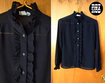 Vintage 70s 80s Black Ruffle Collar Long Sleeve Button Down Blouse