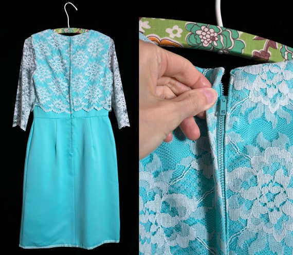 Lovely Vintage 60s 70s Blue Lace Bow Party Dress - image 9