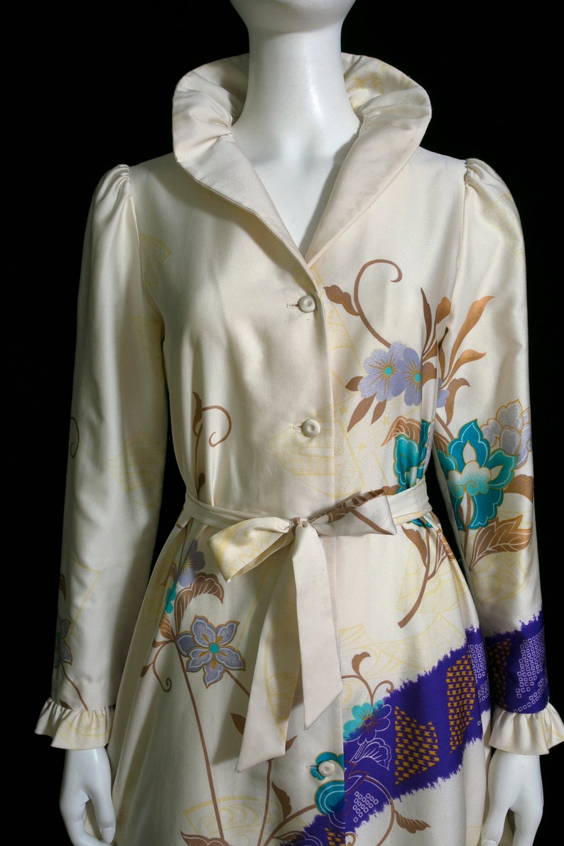 Lovely Tori Richard Vintage 60s 70s Cream-Colored, Purple, Blue Floral Maxi Dress image 3