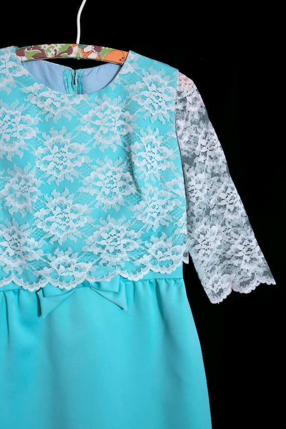 Lovely Vintage 60s 70s Blue Lace Bow Party Dress - image 3