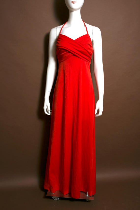 Sexy Vintage 70s Orange Red Halter Maxi Dress With Ruched Criss Cross Top