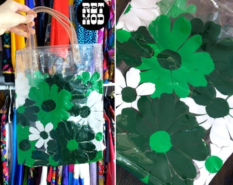 NWOT Vintage 60s 70s Green White Flower Power Clear Vinyl Bag