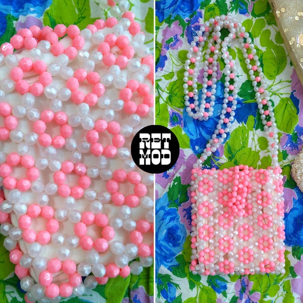 Cute Vintage Neon Light Pink & Pearl Beaded Mini Purse