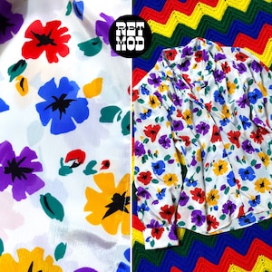Colorful Vintage 80s 90s White Rainbow Flower Statement Long Sleeve Blouse