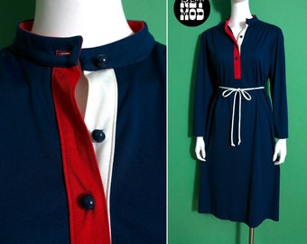 Chic Vintage 70s Navy Blue, Red & White Long Sleeve Dress by Happenings