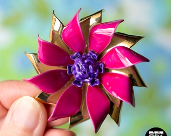 Unique Vintage 60s 70s Magenta Pink, Purple, Gold Enamel Flower Pin Brooch